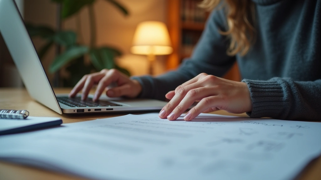 Close-up of hands typing on laptop keyboard with academic papers and notes scattered on desk, warm desk lamp lighting, focuse