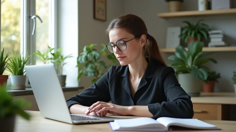 Professional woman in business attire studying at laptop in modern home office with plants and natural lighting, focused expression, no text visible