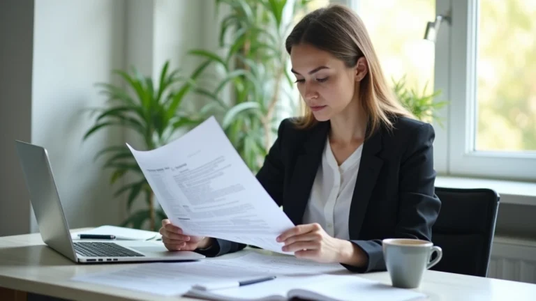 Professional woman in business attire reviewing research documents at modern office desk with laptop and coffee cup, natural daylight from window, focused concentration
