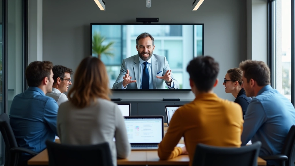 Diverse group of mature professionals in business casual clothing attending online video conference on large monitor in conte
