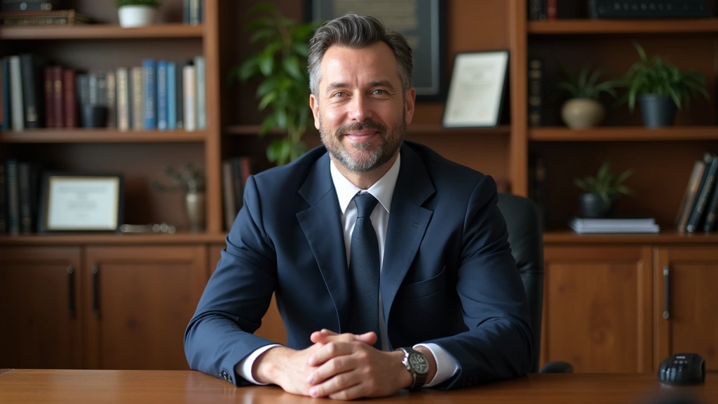 Male executive in suit sitting at wooden desk with doctoral diploma visible on wall behind, professional office setting with 