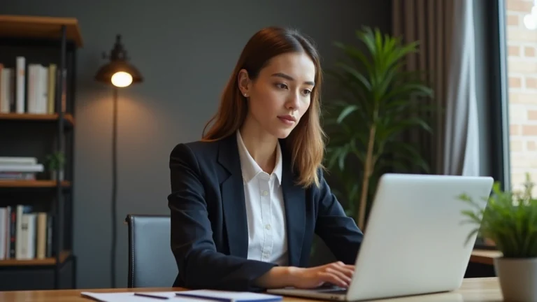 Professional woman in business attire attending virtual doctorate class on laptop in home office with bookshelf, professional lighting, focused expression, modern workspace