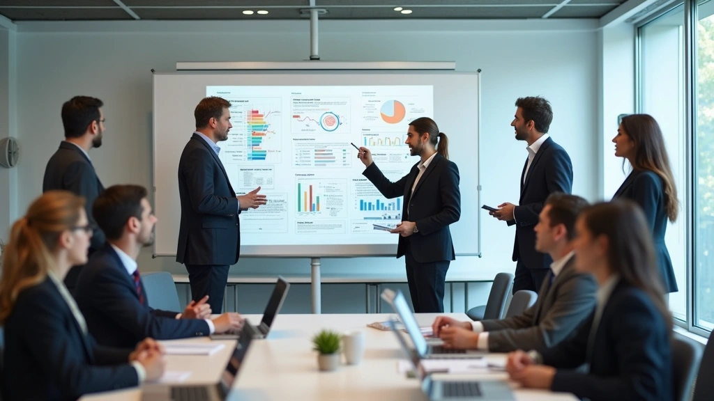 Diverse group of business professionals in formal meeting room discussing research findings on whiteboard, collaborative atmo