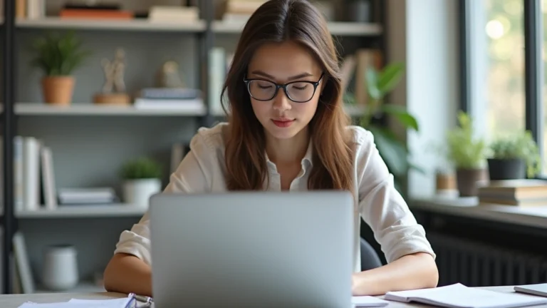 Professional woman with glasses studying at laptop in modern home office with books and notes, natural daylight, focused expression