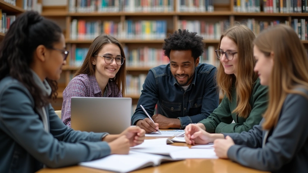 Diverse group of graduate students in university library discussing research at table with laptops and documents, collaborati