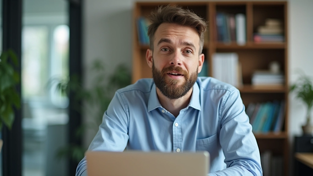 Male professor teaching online communication class, speaking to camera at desk with university office background, professiona