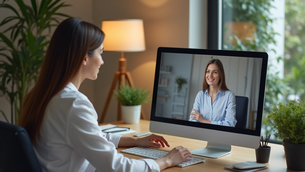 Professional female counselor in modern office conducting video therapy session on computer, warm lighting, plants in background, notepad on desk, focused expression, no text