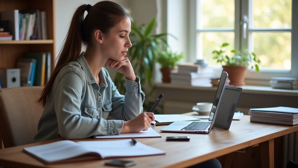 Graduate student at desk with laptop and textbooks, studying online course materials in home office, natural window light, or