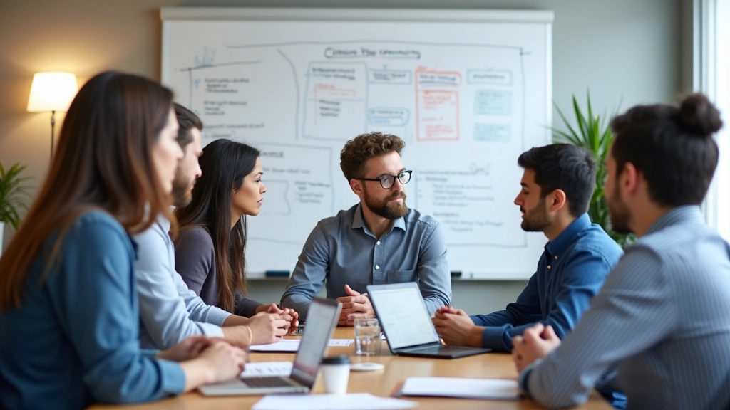 Diverse group of mental health professionals in conference room discussing clinical research findings, whiteboard with diagra