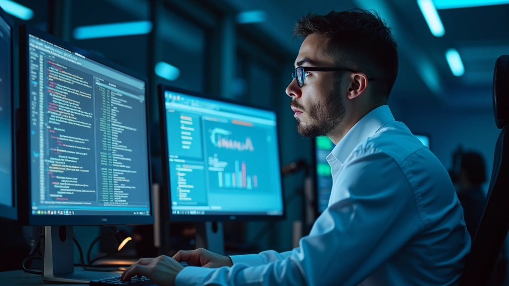 Professional cybersecurity researcher in modern university laboratory analyzing data on multiple computer monitors, focused expression, advanced security research environment