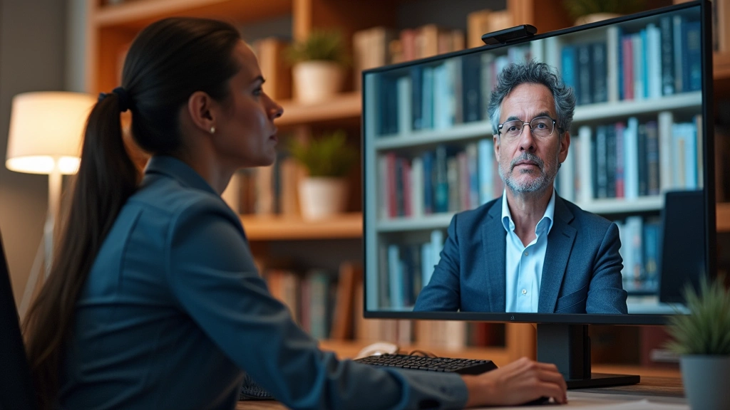 University professor conducting virtual lecture via video conference on large monitor, academic office with bookshelves, enga