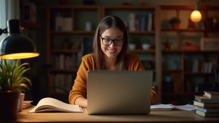 Professional educator sitting at desk with laptop during evening study session, warm lighting, focused expression, home office environment with books visible