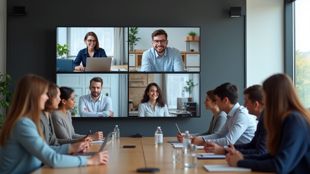 Diverse group of education professionals in virtual meeting on large screen, collaborative learning environment, modern confe