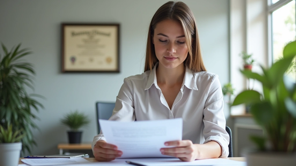 Female school administrator reviewing documents at desk with diploma on wall behind, professional office setting, natural win