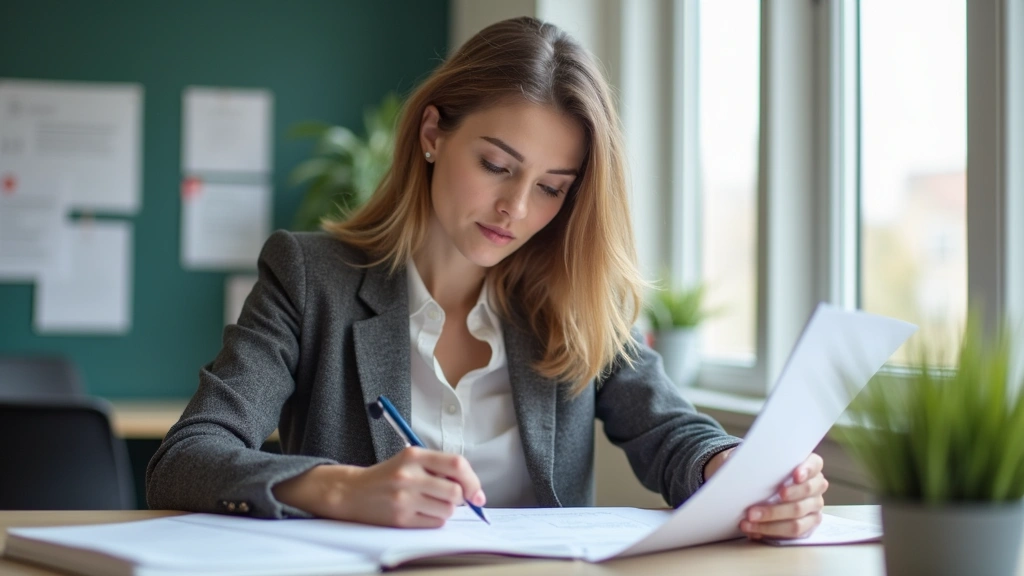 Professional female education administrator in modern school office reviewing documents at desk, natural lighting, focused expression, contemporary educational setting