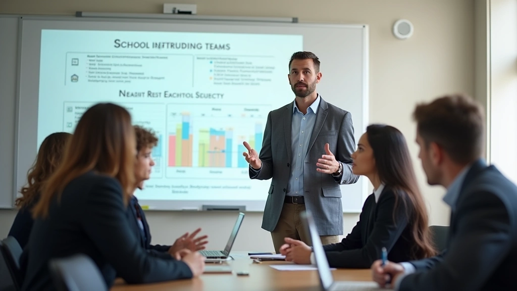 Male principal presenting capstone research findings to school leadership team in conference room, whiteboard with charts vis