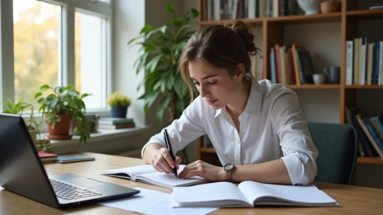 Graduate student studying psychology textbooks at home desk with laptop and research materials, natural daylight, professional home office setting