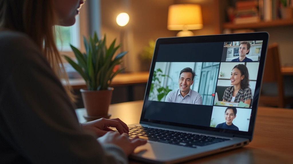 Online psychology class on laptop screen showing video conference with instructor and classmates, warm lighting, modern works