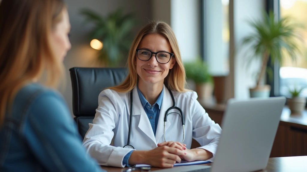 Psychologist conducting teletherapy session via video call, professional office background, compassionate clinical setting, n