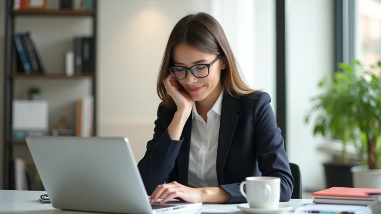 Professional woman in business attire studying on laptop at modern desk with notebook and coffee, natural window lighting, home office environment
