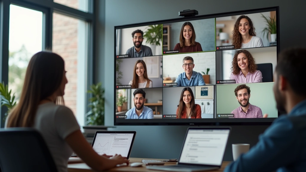 Diverse group of online students attending virtual class meeting on computer screens, professional setting, focused expressio