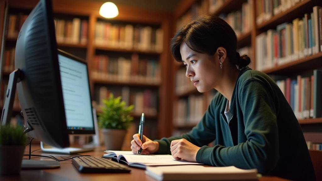Graduate student in library researching on computer with academic books and dissertation notes, concentrated study environmen