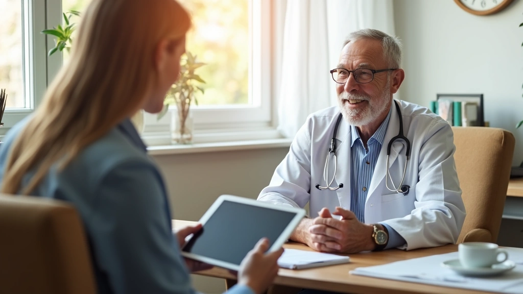Senior Medicare beneficiary having video consultation with doctor on tablet in bright home office, professional medical setti