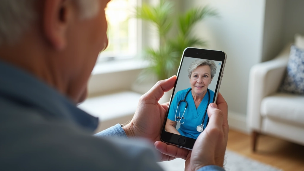 Older patient holding smartphone during virtual telehealth appointment with healthcare provider, home environment, natural da