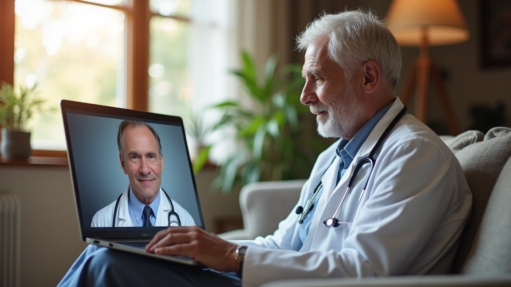 Medicare beneficiary using laptop for online doctor visit in living room, comfortable setting, healthcare professional on scr