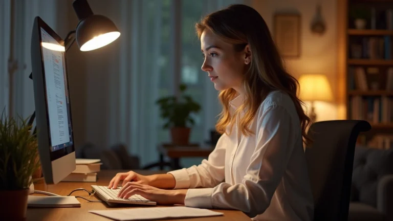 Professional female educator working at computer during evening study session in home office with educational materials visible on desk, warm lighting, focused expression, photorealistic
