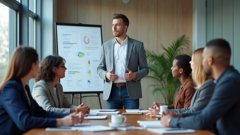 Male school administrator in business casual attire presenting to diverse group in modern conference room during professional
