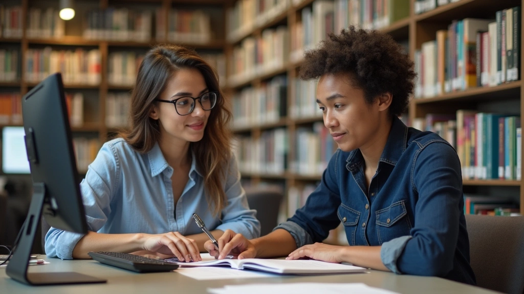 Female doctorate student working with faculty advisor on research project in university library setting with computers and ed