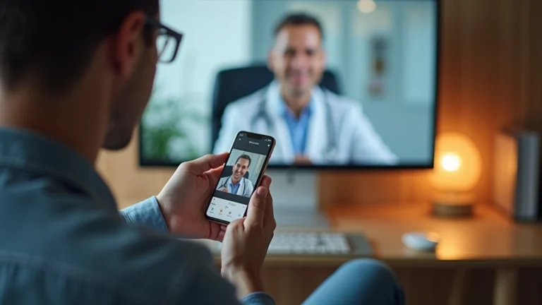 Patient using smartphone for video consultation with doctor in modern home office, warm lighting, professional medical setting visible on screen