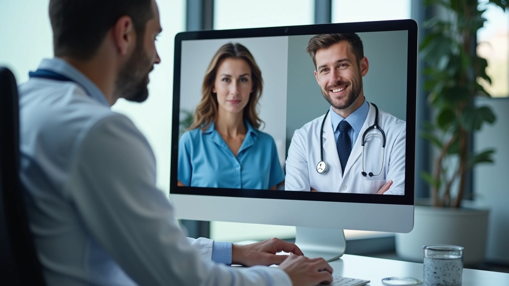 Healthcare provider in clinical setting conducting telehealth video call on computer, professional office environment, medica