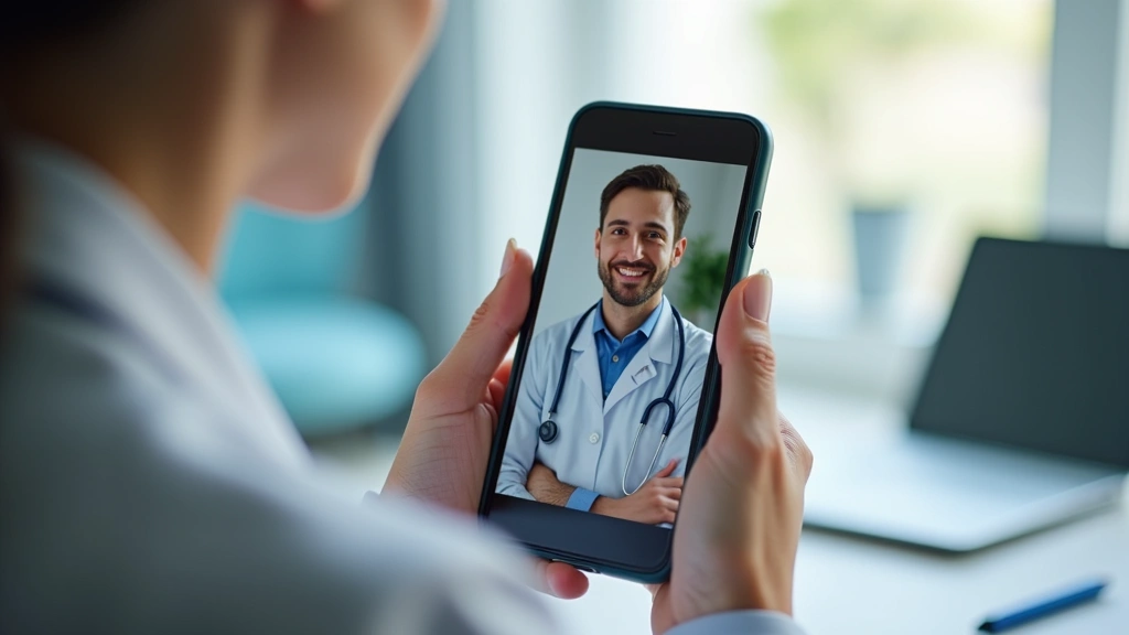 Close-up of person holding mobile device showing video consultation interface with healthcare provider, calm professional set
