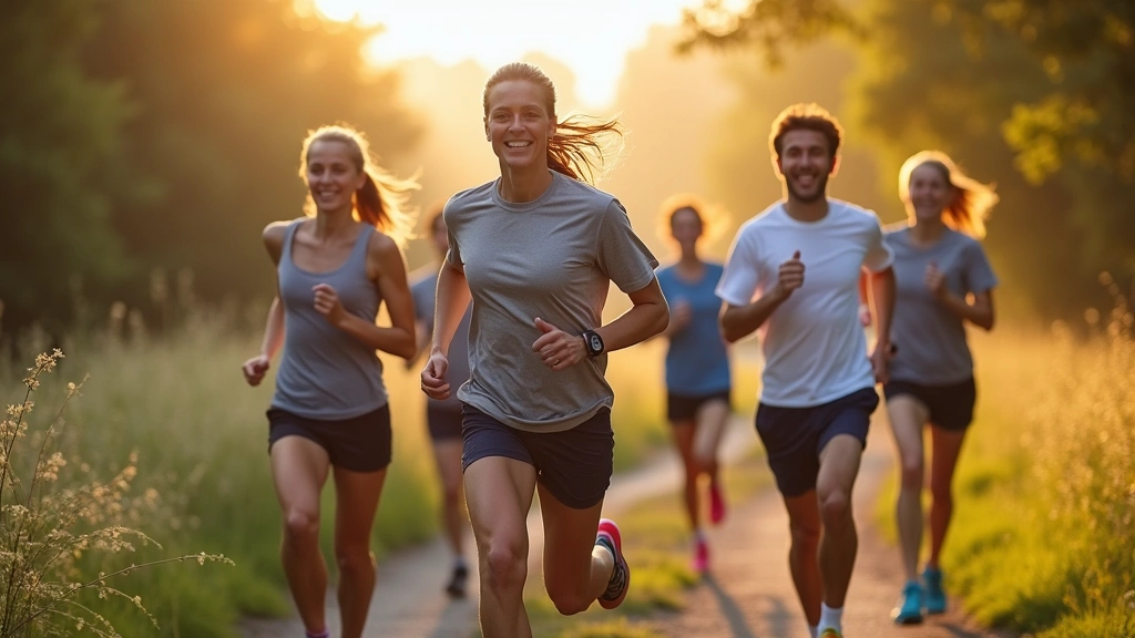 Diverse group of people running together outdoors on park trail, morning light, athletic wear, natural landscape, happy expre