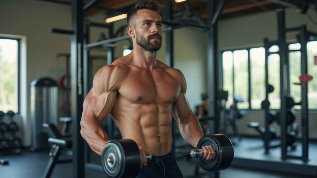 Man performing strength training with dumbbells in modern home gym, focused form, athletic wear, bright clean space with mirr