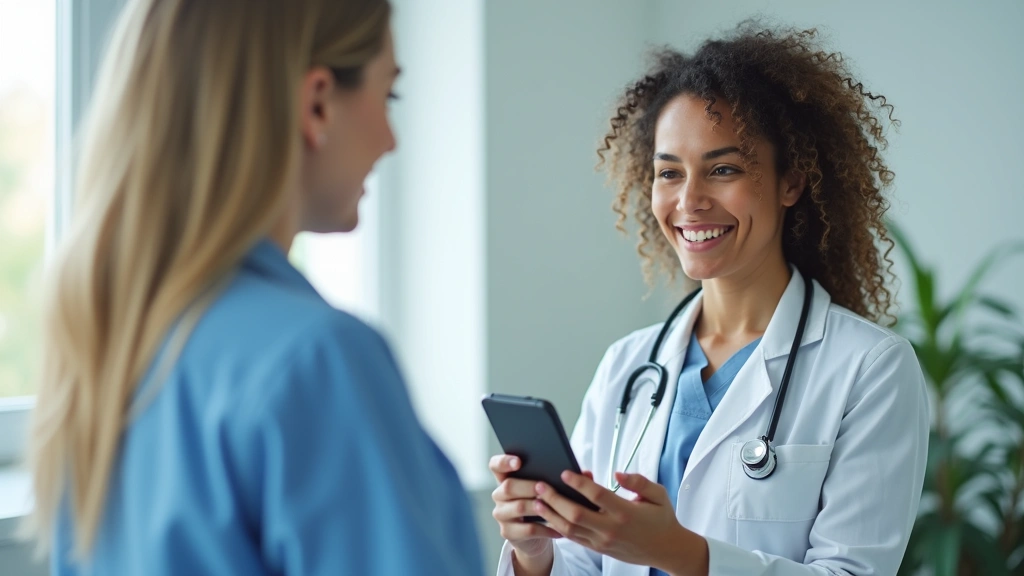 Professional woman using smartphone for video consultation with doctor, bright medical office background, natural lighting, healthcare technology