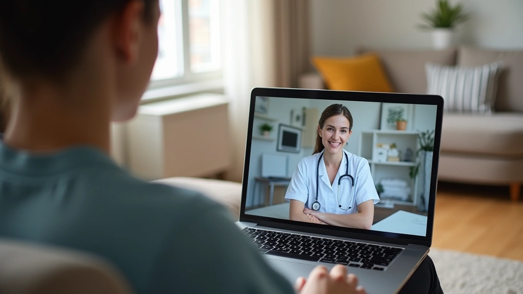 Patient sitting at home on laptop having telehealth appointment with healthcare provider, comfortable living room setting, mo