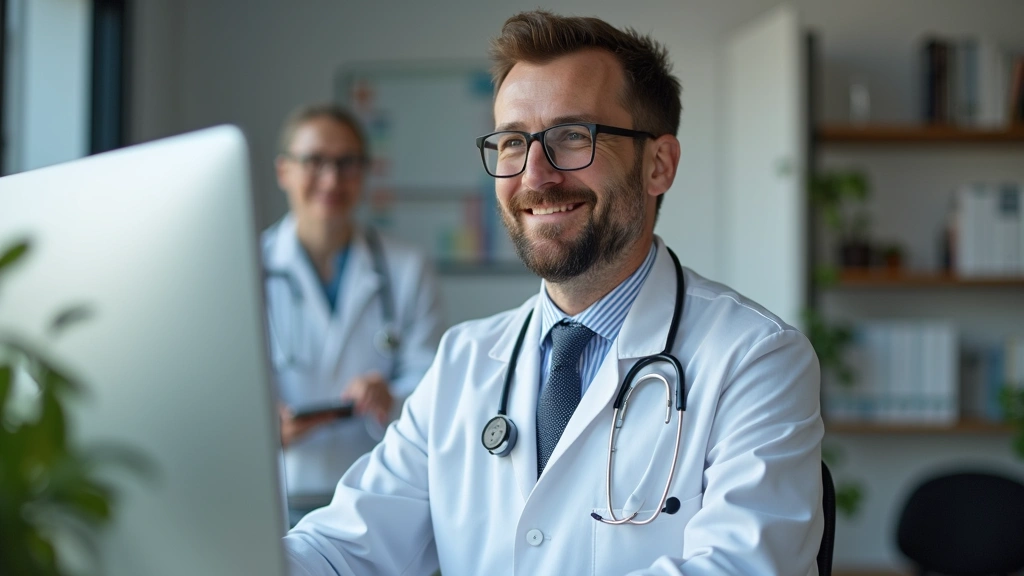 Doctor in white coat on computer screen during virtual consultation, professional medical office environment, caring expressi