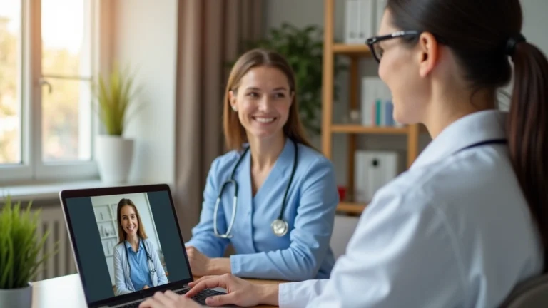Professional female doctor in white coat conducting video consultation on laptop, warm clinical office background, patient visible on screen