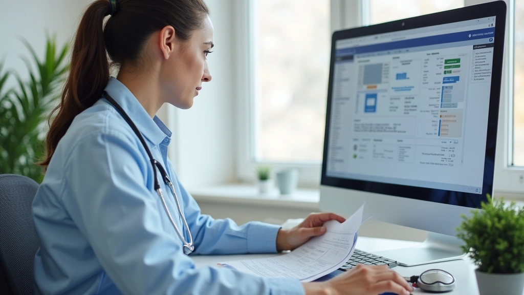 Healthcare administrator reviewing medical documents at desk with computer, checking provider credentials and verification de