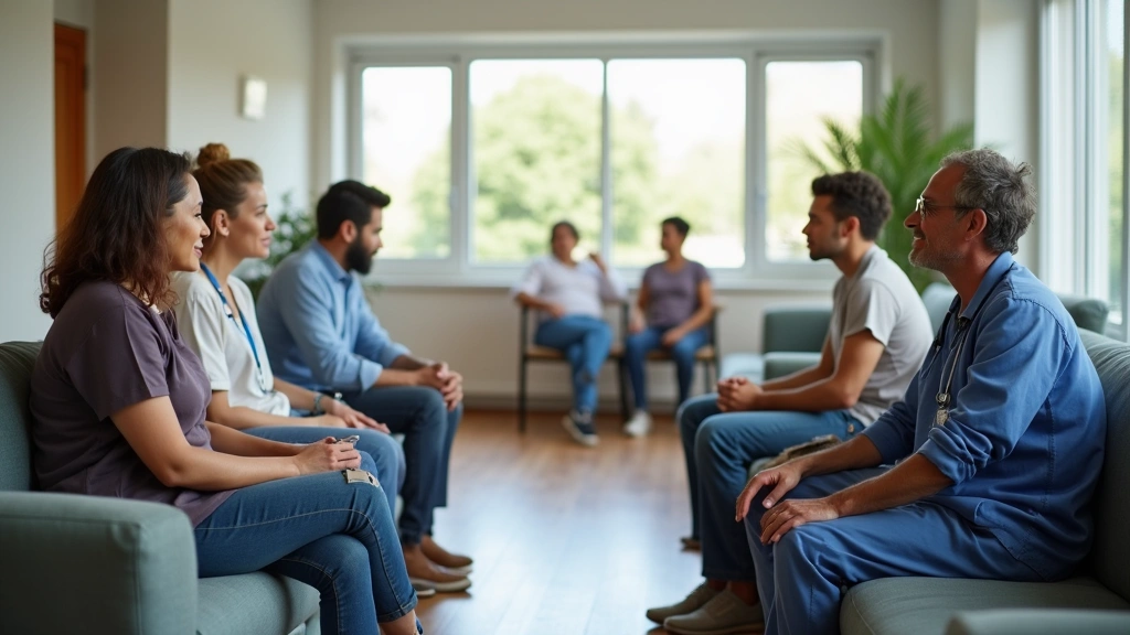 Diverse group of patients in community health center waiting room, modern clinic interior with welcoming atmosphere