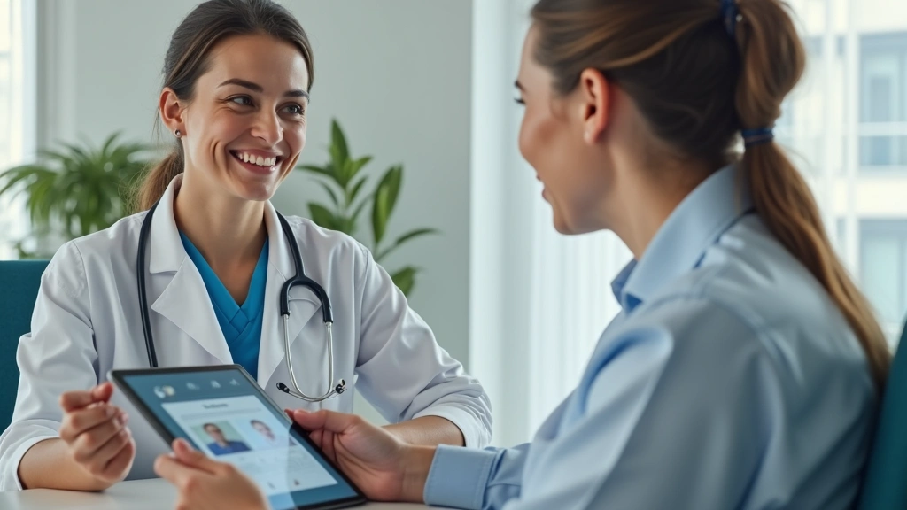 Professional female doctor in white coat conducting virtual consultation on tablet computer with patient via video call, mode