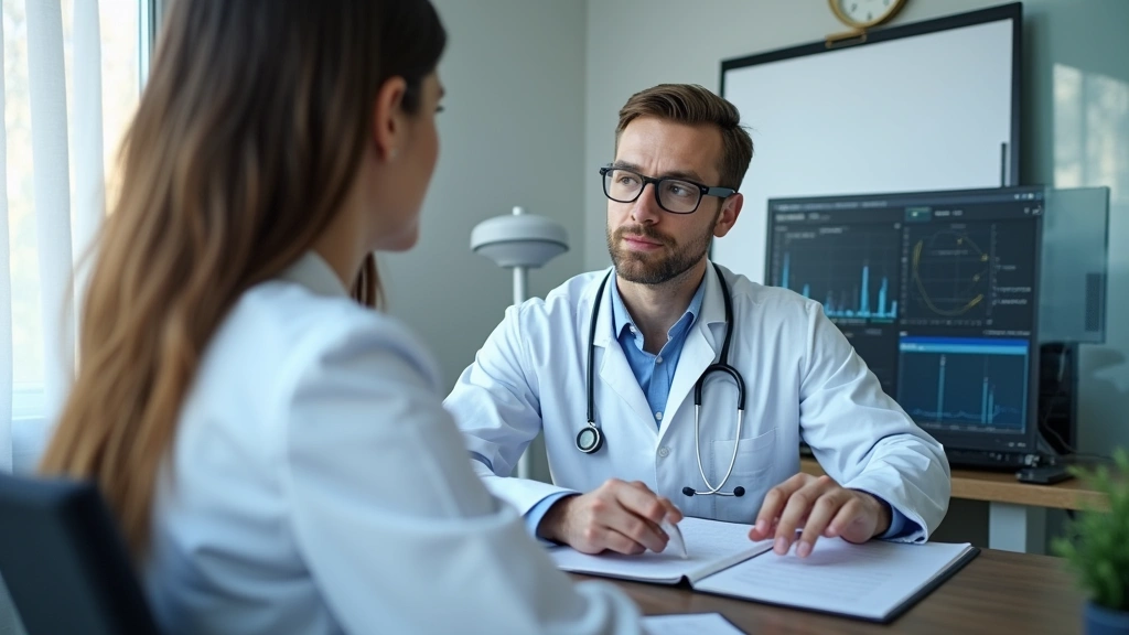 Healthcare provider reviewing patient information on computer screen during online consultation, modern medical office, profe