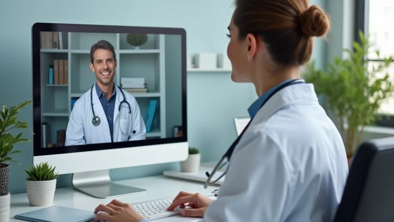 Professional doctor in white coat conducting video consultation on computer screen, patient visible in video window, medical office background with desk and monitor