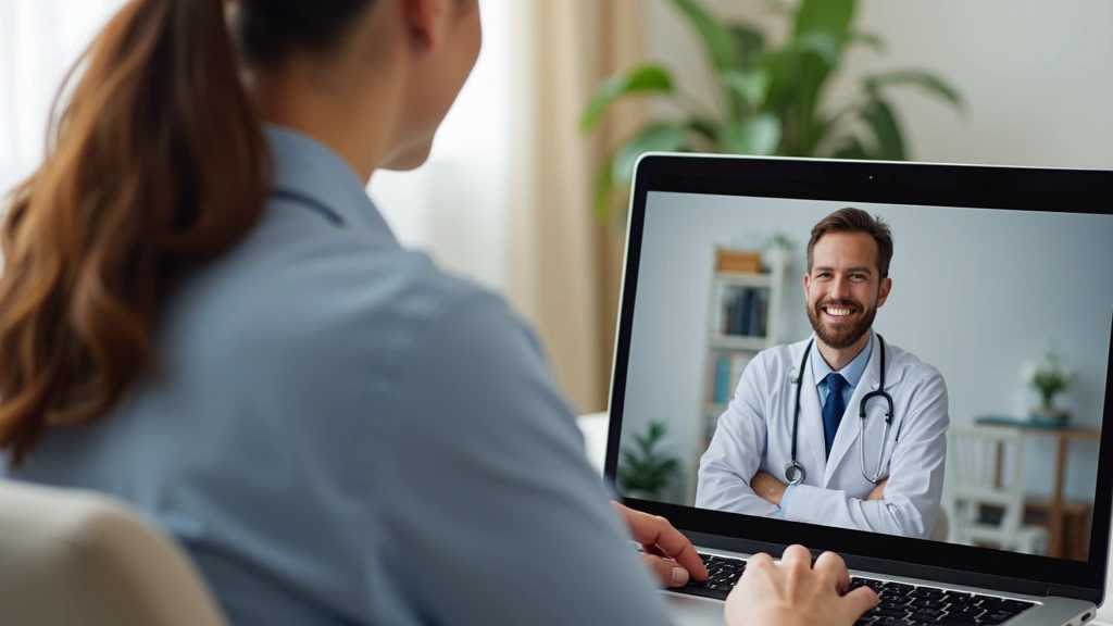 Patient using laptop at home during telehealth appointment, healthcare provider visible on screen, comfortable home office se