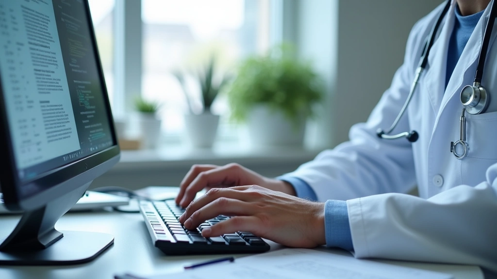 Doctors hands typing on computer keyboard, medical note document displayed on monitor screen, professional healthcare office