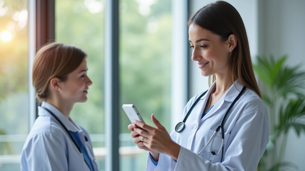 Professional woman using smartphone for video consultation with doctor, modern bright office setting, natural lighting, healthcare technology