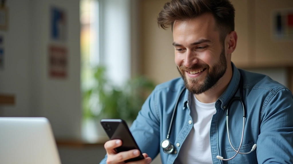 Young man holding smartphone completing online health appointment, home office background, telehealth consultation, digital h